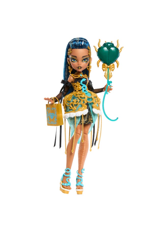 مونستر هاي Scary Sweet Birthday Doll, Cleo De Nile in Golden Party Dress with Themed Accessories like Invite, Balloon, Gift, Lipstick and More - Image 1